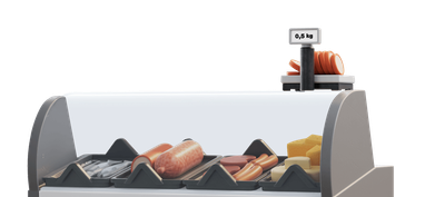 Mitarbeiter:in an einer Playmobil-Migros-Kühltheke